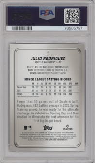 Julio Rodriguez from the 2022 Bowman Platinum set featuring a Ice Foilboard parallel graded by PSA and given an overall grade of 10.