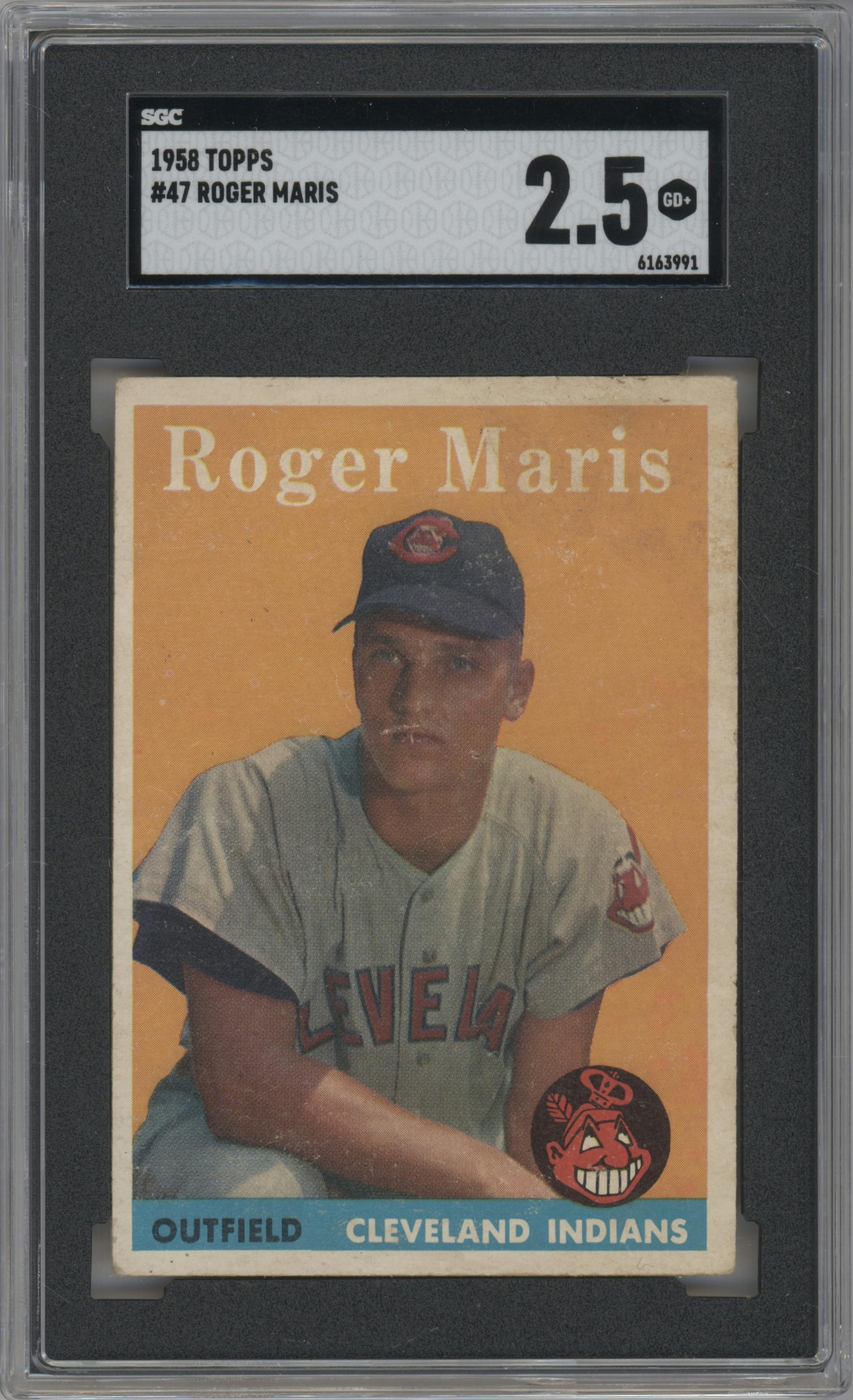 Roger Maris from the 1958 Topps set graded by SGC and given an overall grade of 2.5.