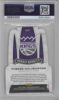 Tyrese Haliburton from the 2020-21 Panini Crown Royale set featuring a Purple parallel graded by PSA and given an overall grade of 10.