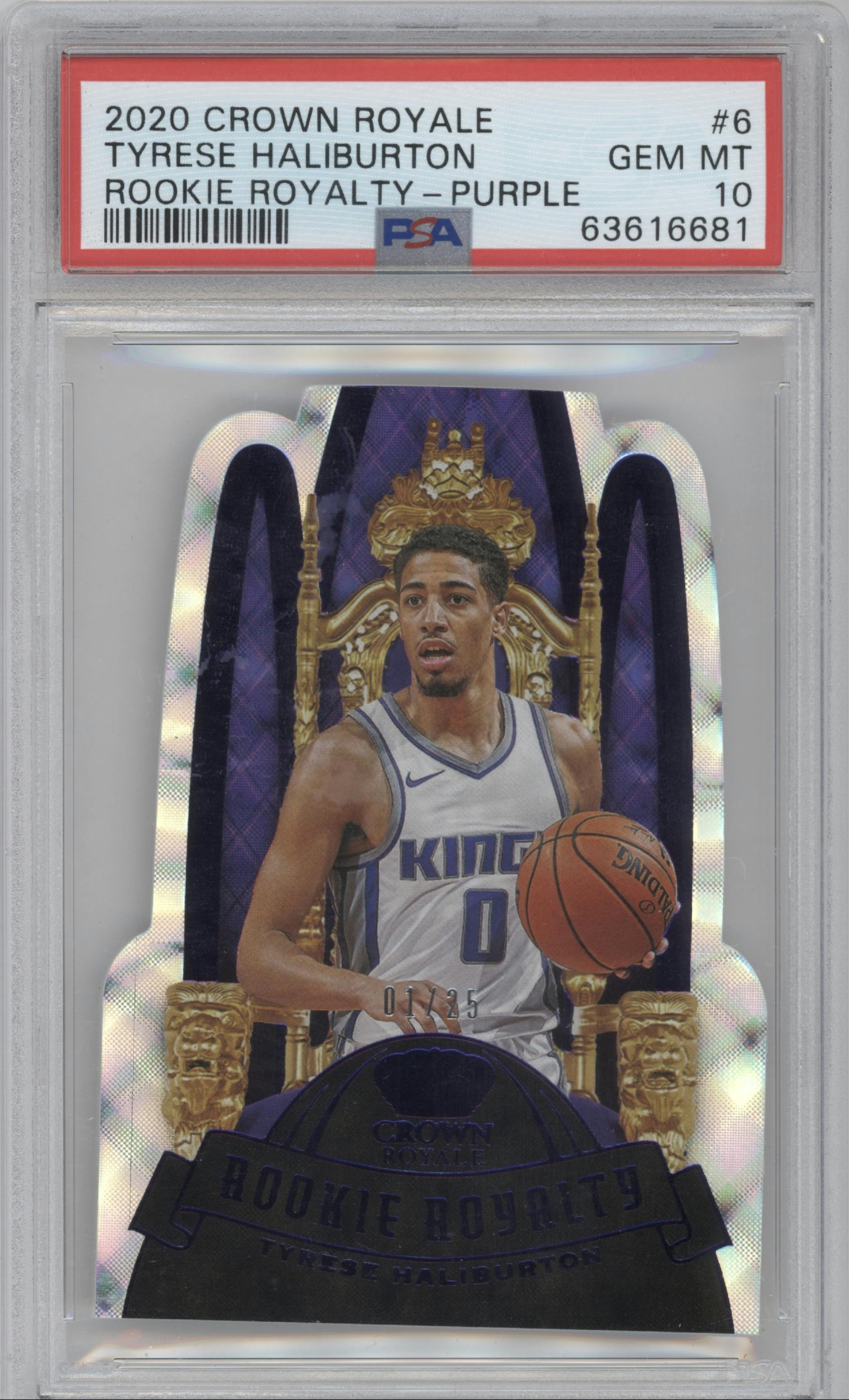 Tyrese Haliburton from the 2020-21 Panini Crown Royale set featuring a Purple parallel graded by PSA and given an overall grade of 10.
