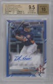 Pedro Leon from the 2021 Bowman Chrome set featuring a Blue Refractor parallel graded by Beckett and given an overall grade of 9.5.
