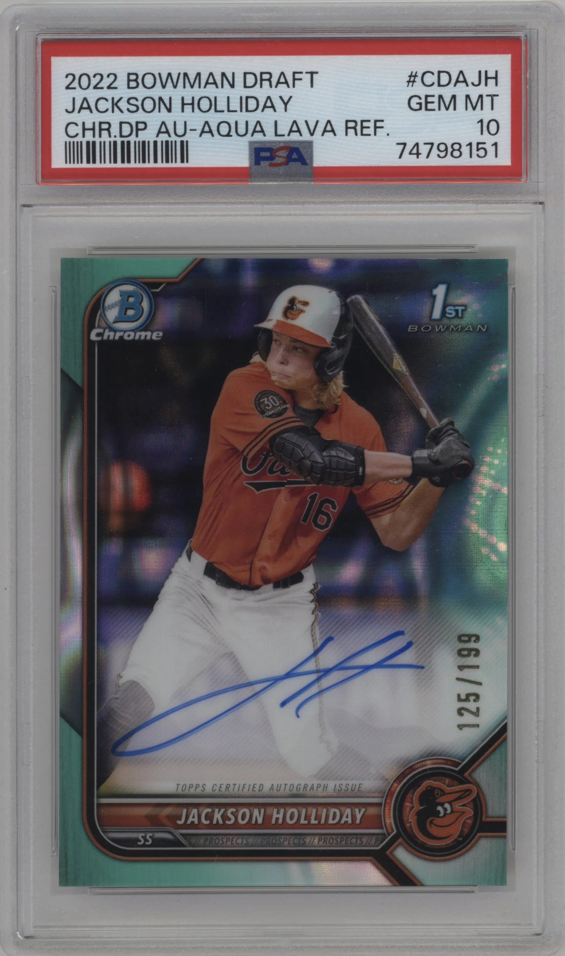 2022 Bowman Draft Chr.DP Auto Jackson Holliday Aqua Lava Refractor #CDA-JH PSA 10