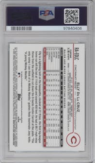 Elly De La Cruz from the 2024 Topps Chrome set featuring a Green Refractor parallel graded by PSA and given an overall grade of 10.