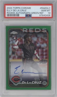 Elly De La Cruz from the 2024 Topps Chrome set featuring a Green Refractor parallel graded by PSA and given an overall grade of 10.