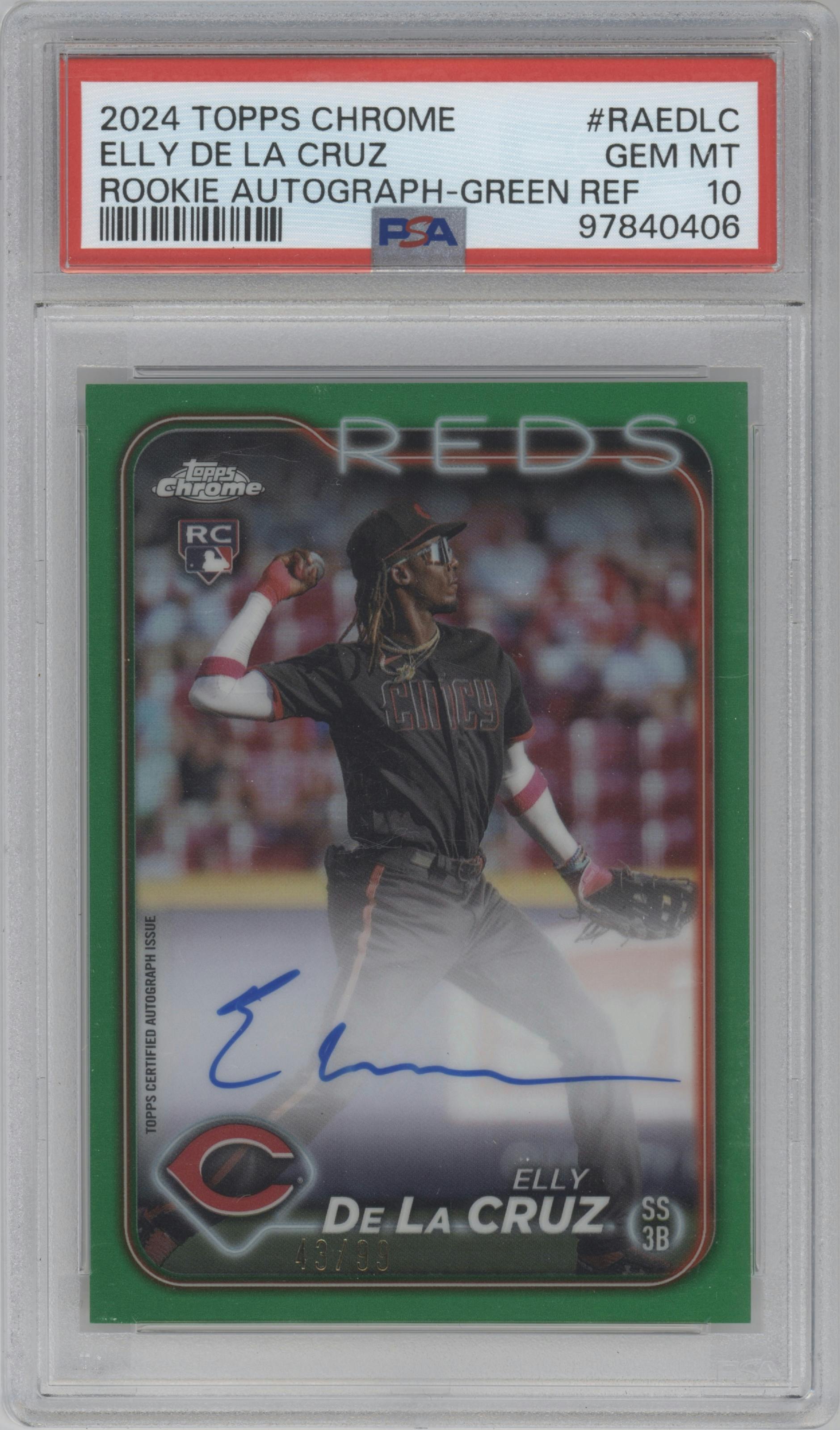 Elly De La Cruz from the 2024 Topps Chrome set featuring a Green Refractor parallel graded by PSA and given an overall grade of 10.