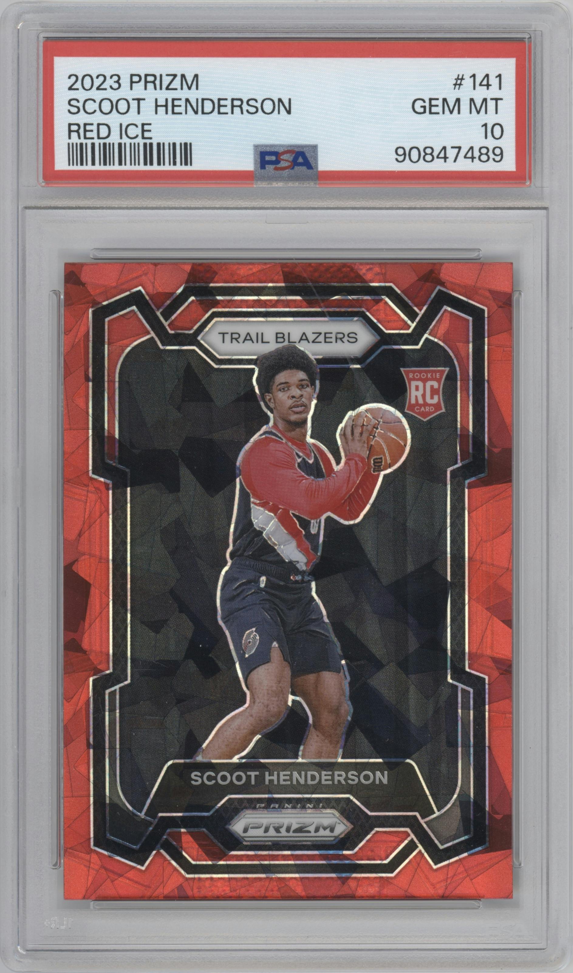 Scoot Henderson from the 2023-24 Panini Prizm set featuring a Red Ice parallel graded by PSA and given an overall grade of 10.