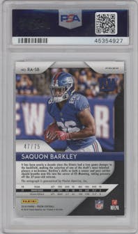 Saquon Barkley from the 2018 Panini Prizm set featuring a Green Crystals parallel graded by PSA and given an overall grade of 10.
