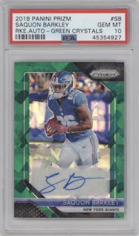 Saquon Barkley from the 2018 Panini Prizm set featuring a Green Crystals parallel graded by PSA and given an overall grade of 10.