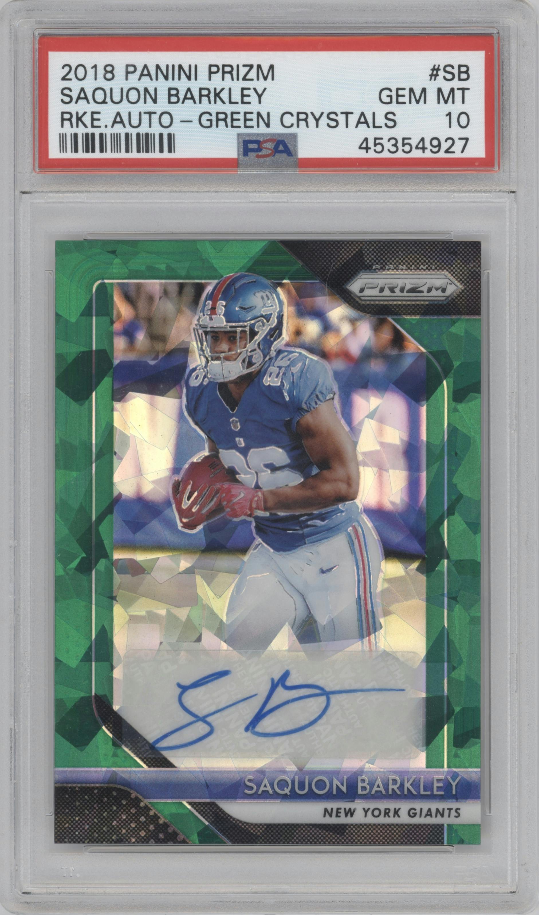 Saquon Barkley from the 2018 Panini Prizm set featuring a Green Crystals parallel graded by PSA and given an overall grade of 10.