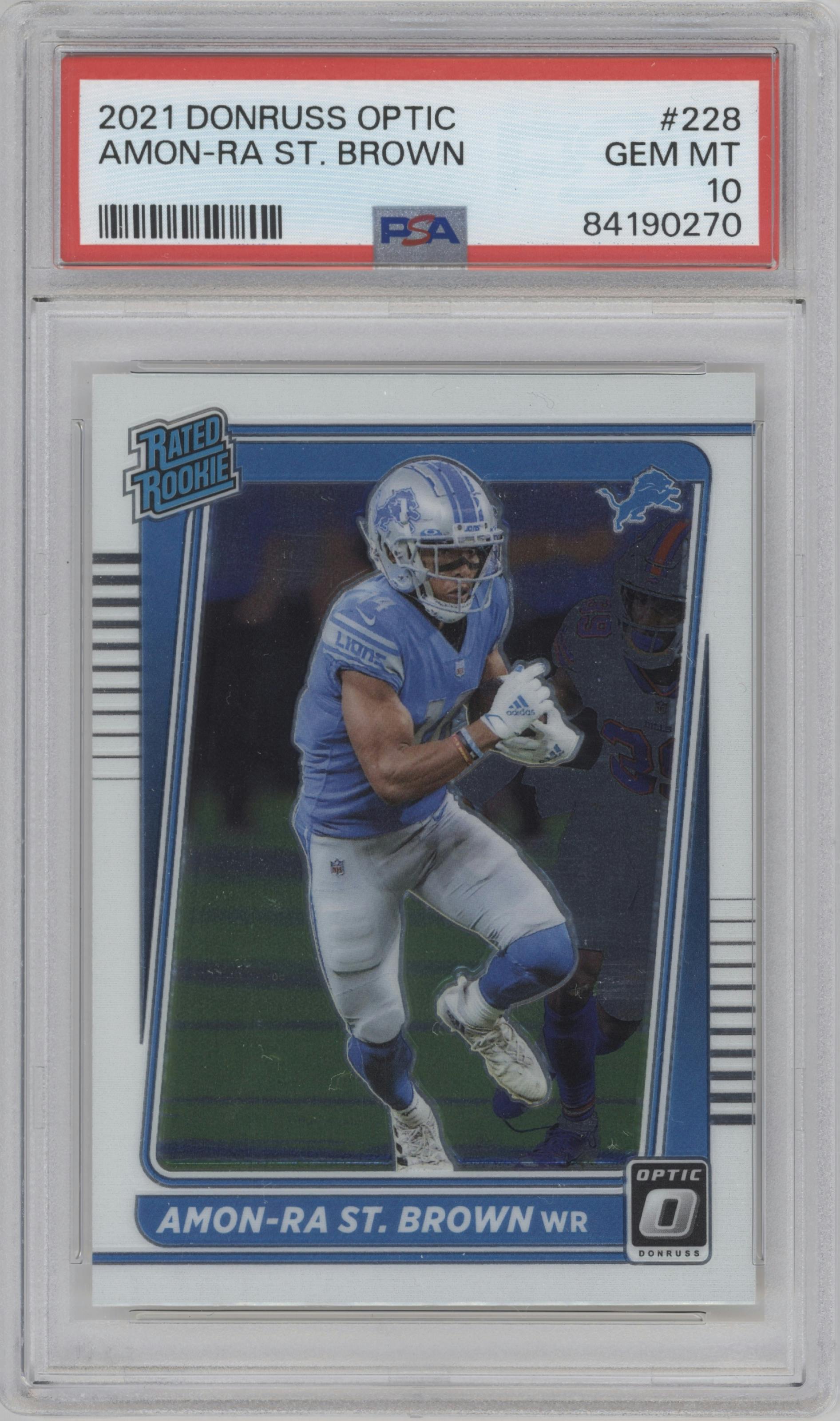 Amon-Ra St. Brown from the 2021 Panini Donruss Optic set graded by PSA and given an overall grade of 10.