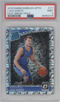 Luka Doncic from the 2018-19 Panini Donruss Optic set featuring a Fast Break Holo parallel graded by PSA and given an overall grade of 9.