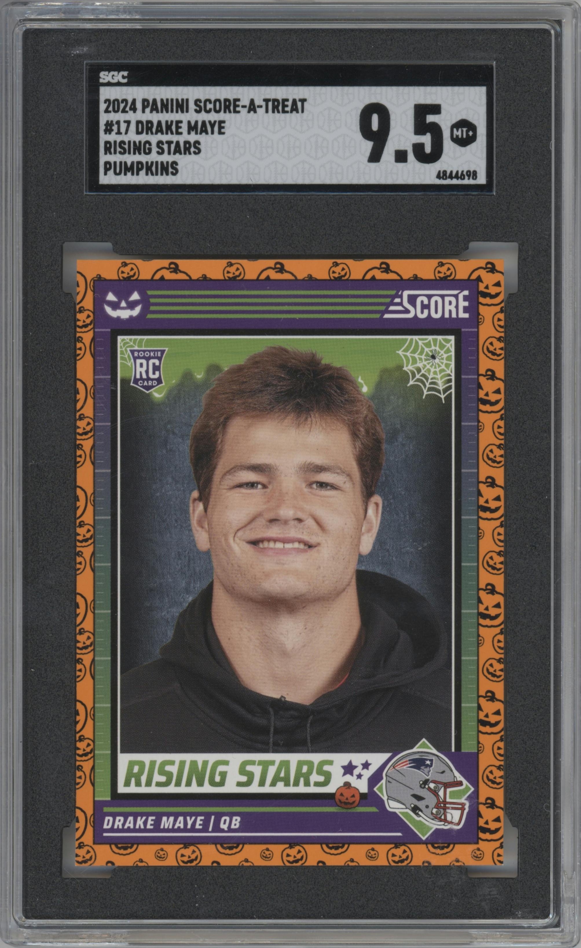 Drake Maye from the 2024 Score-a-Treat set featuring a Pumpkin parallel graded by SGC and given an overall grade of 9.5.
