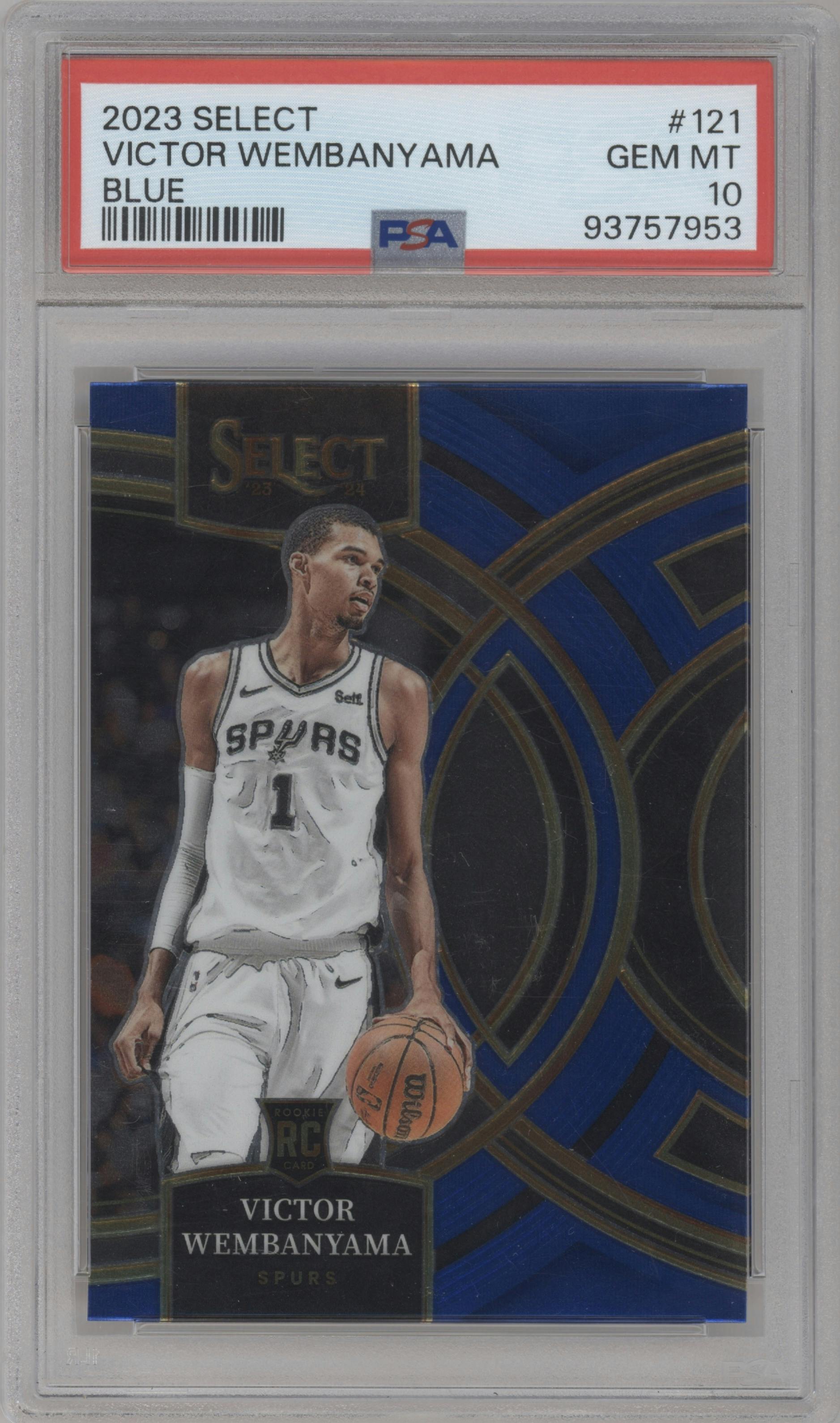 Victor Wembanyama from the 2023-24 Panini Select  set featuring a Blue Retail parallel graded by PSA and given an overall grade of 10.