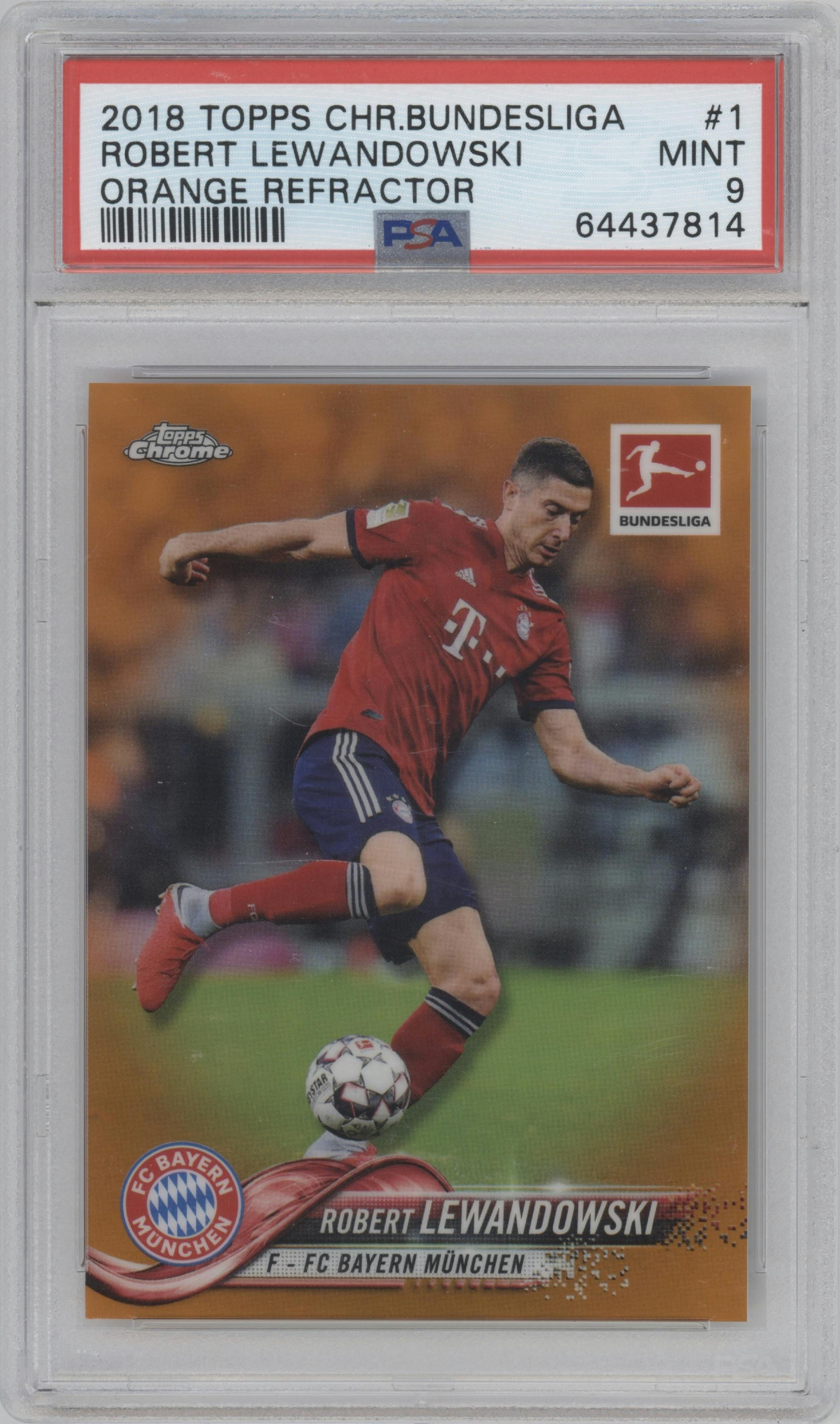 Robert Lewandowski from the 2018-19 Topps Chrome Bundesliga set featuring a Orange Refractor  parallel graded by PSA and given an overall grade of 9.