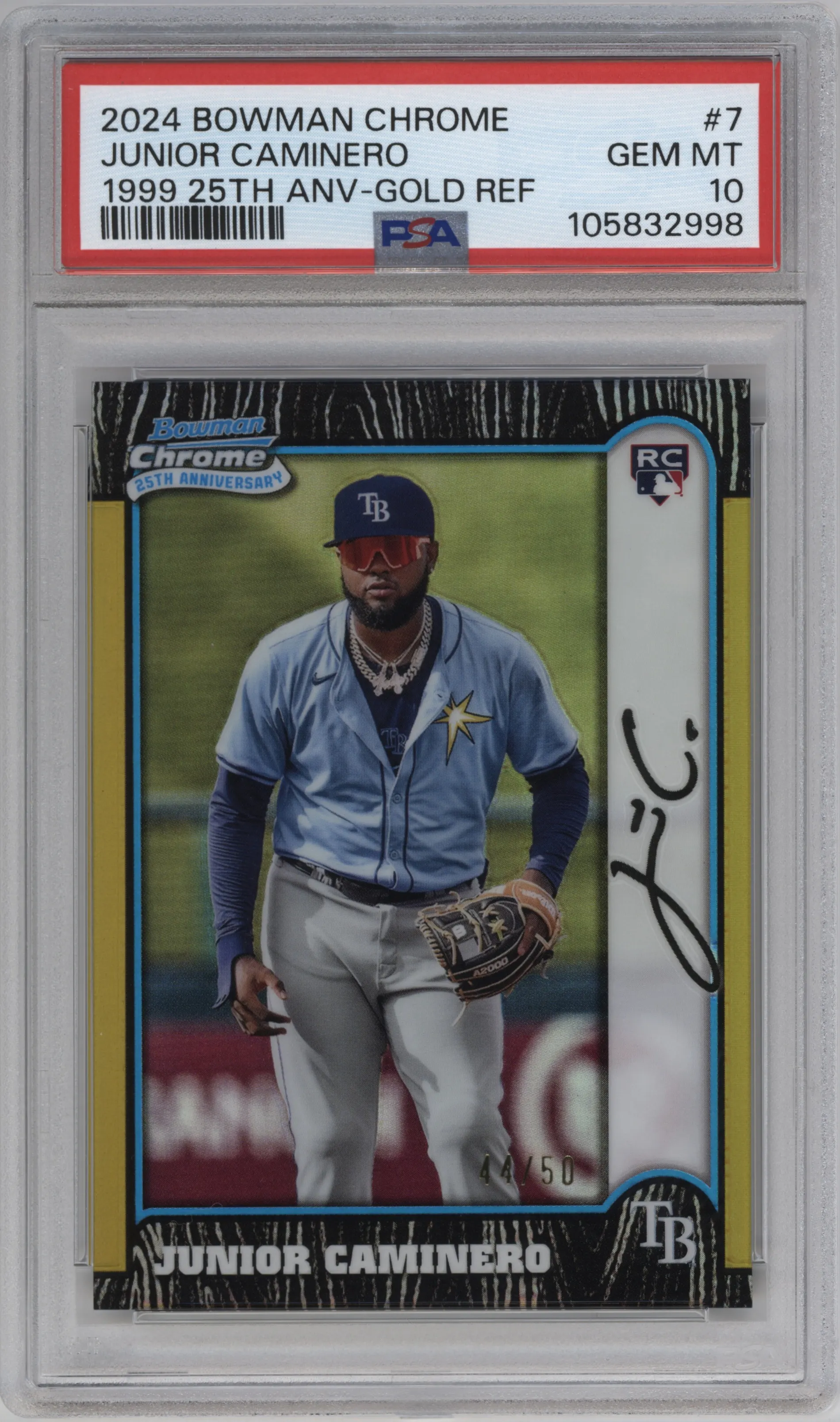 2024 Bowman Chrome 1999 BC 25th Anniv. Junior Caminero Gold Refractor #BC25-7 PSA 10