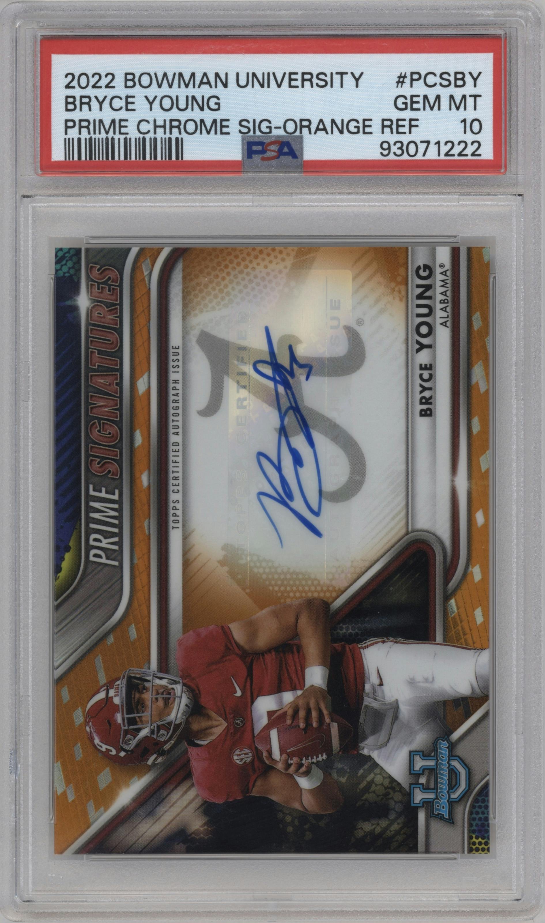 Bryce Young from the 2022 Bowman University Chrome set featuring a Orange Refractor  parallel graded by PSA and given an overall grade of 10.