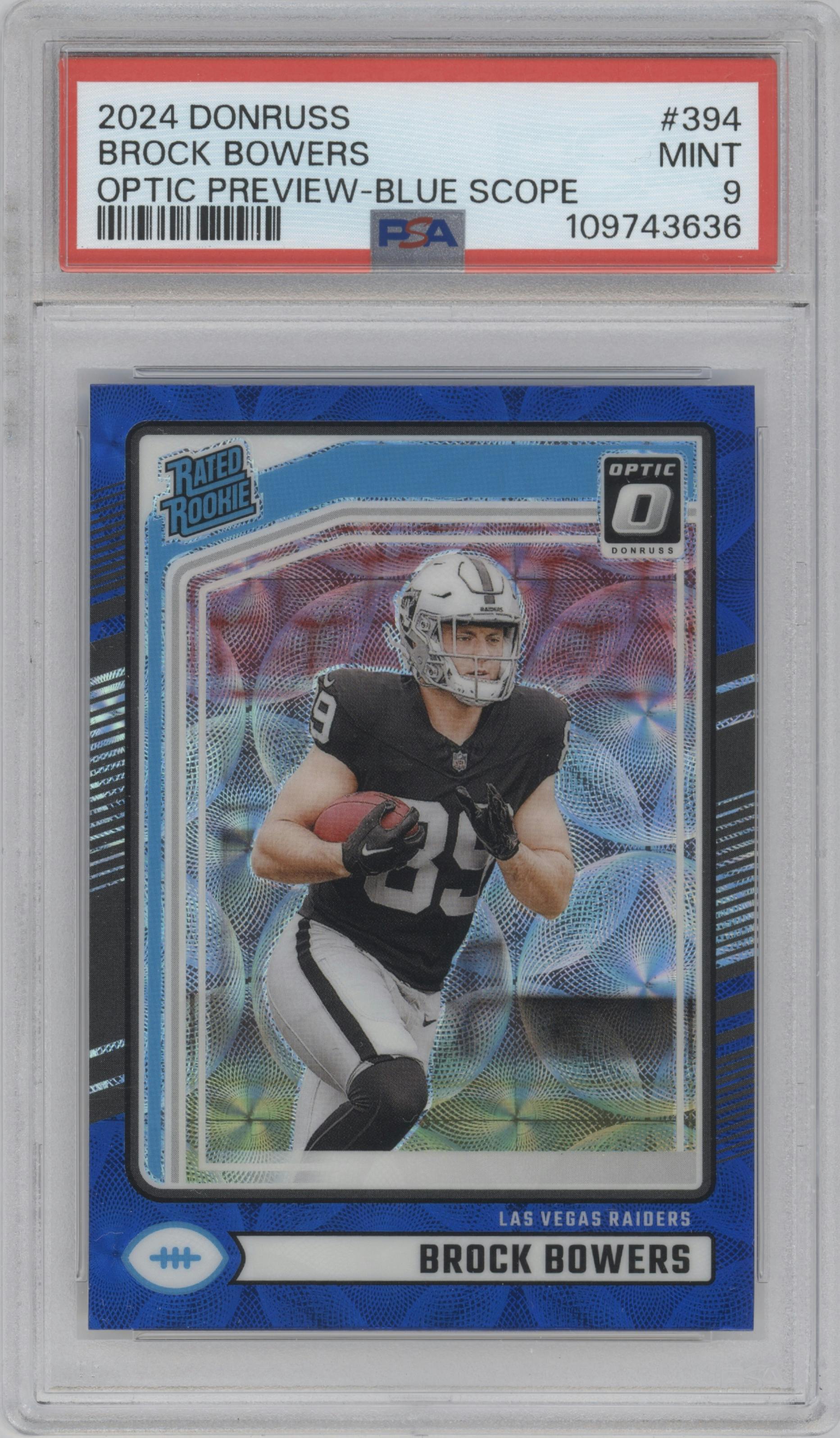 Brock Bowers from the 2024 Donruss set featuring a Blue Scope parallel graded by PSA and given an overall grade of 9.