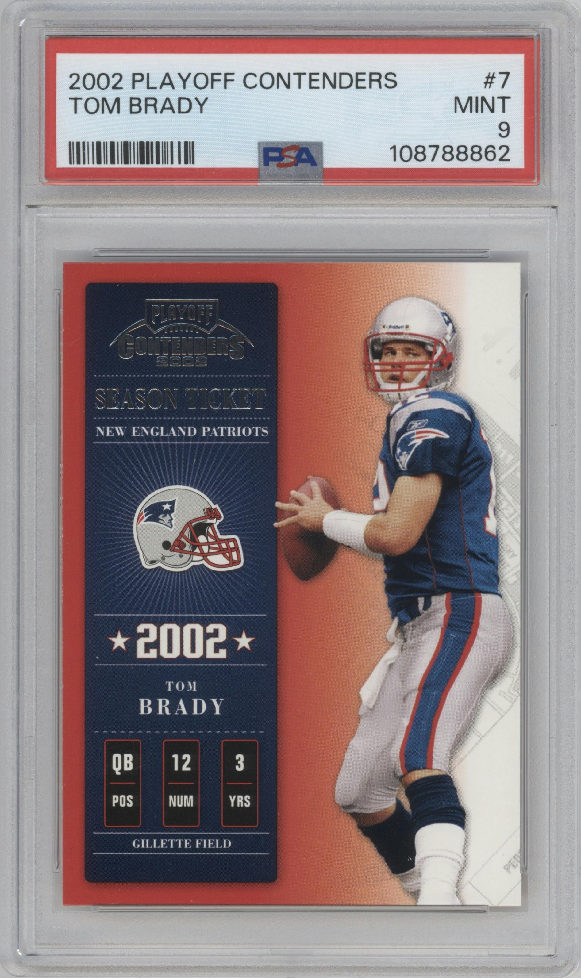 Tom Brady from the 2002 Playoff Contenders set graded by PSA and given an overall grade of 9.