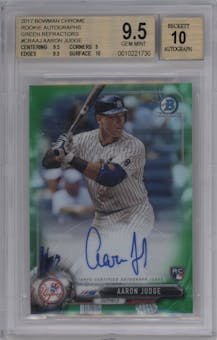 Aaron Judge from the 2017 Bowman Chrome set featuring a Green Refractor  parallel graded by Beckett and given an overall grade of 9.5.