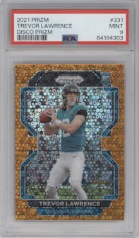 Trevor Lawrence from the 2021 Panini Prizm set featuring a Disco parallel graded by PSA and given an overall grade of 9.