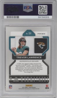 Trevor Lawrence from the 2021 Panini Prizm set featuring a Disco parallel graded by PSA and given an overall grade of 9.