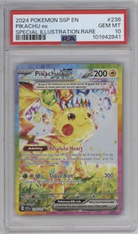 Pikachu ex from the 2024 Pokemon SV set graded by PSA and given an overall grade of 10.