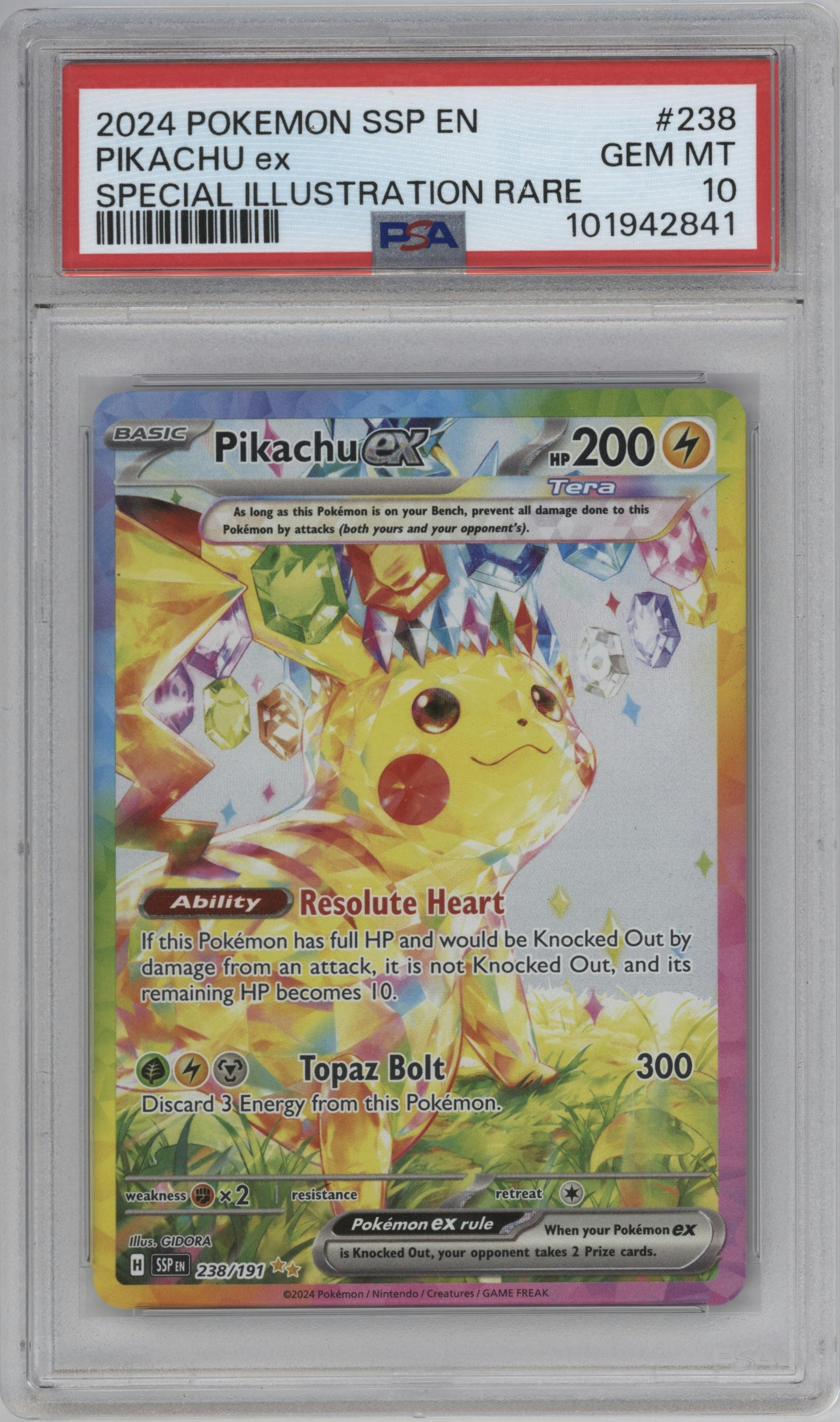 Pikachu ex from the 2024 Pokemon SV set graded by PSA and given an overall grade of 10.