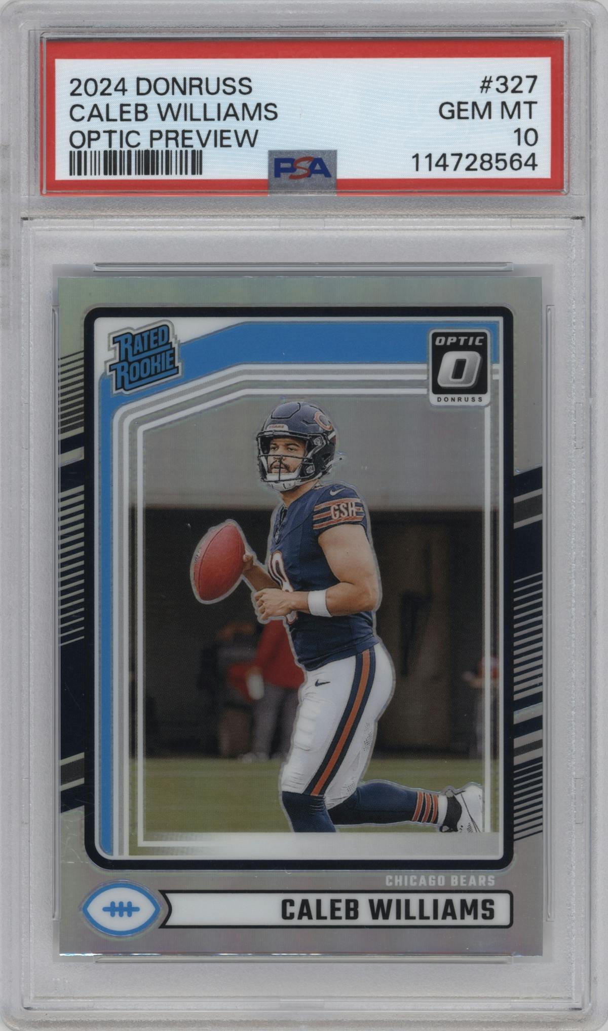 Caleb Williams from the 2024 Donruss set graded by PSA and given an overall grade of 10.