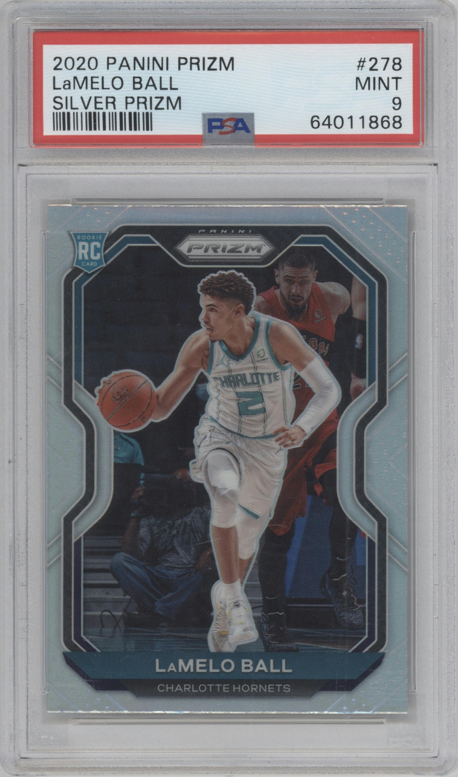 LaMelo Ball from the 2020-21 Panini Prizm set featuring a Silver Prizm parallel graded by PSA and given an overall grade of 9.