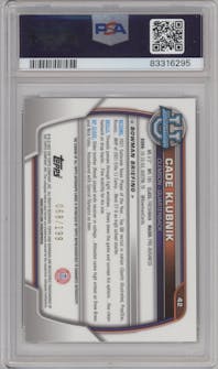 Cade Klubnik from the 2022 Bowman University Chrome set featuring a Lava Refractor  parallel graded by PSA and given an overall grade of 9.