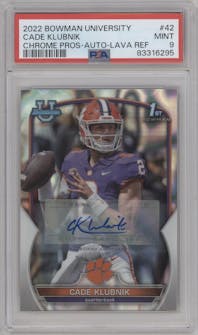 Cade Klubnik from the 2022 Bowman University Chrome set featuring a Lava Refractor  parallel graded by PSA and given an overall grade of 9.