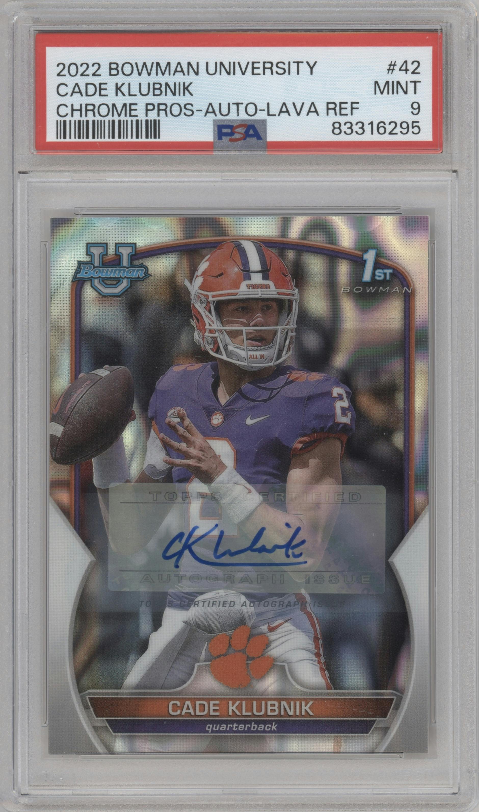 Cade Klubnik from the 2022 Bowman University Chrome set featuring a Lava Refractor  parallel graded by PSA and given an overall grade of 9.