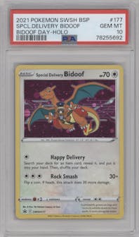 Special Delivery Bidoof from the 2021 Pokemon SWSH set featuring a Bidoof Day parallel graded by PSA and given an overall grade of 10.