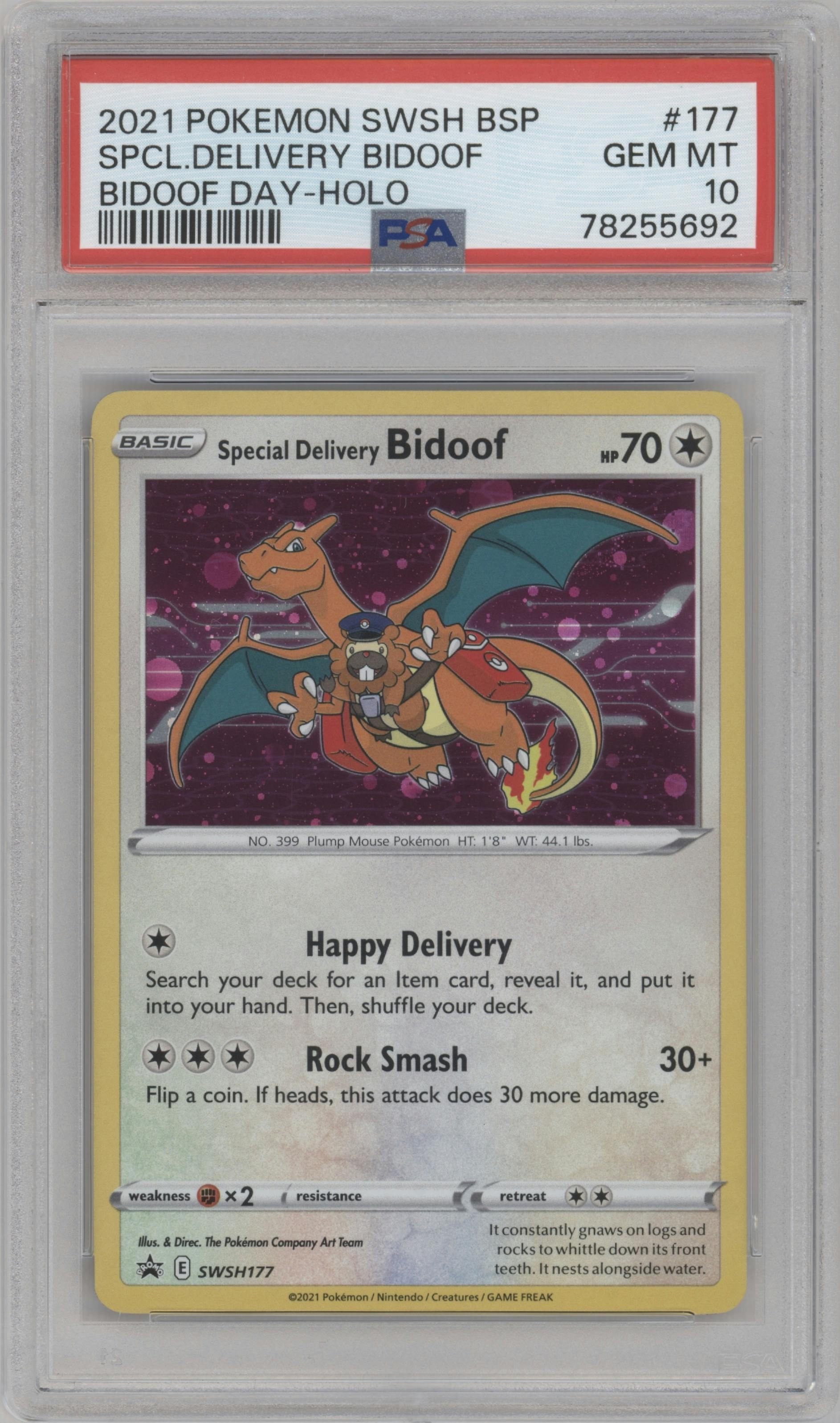 Special Delivery Bidoof from the 2021 Pokemon SWSH set featuring a Bidoof Day parallel graded by PSA and given an overall grade of 10.