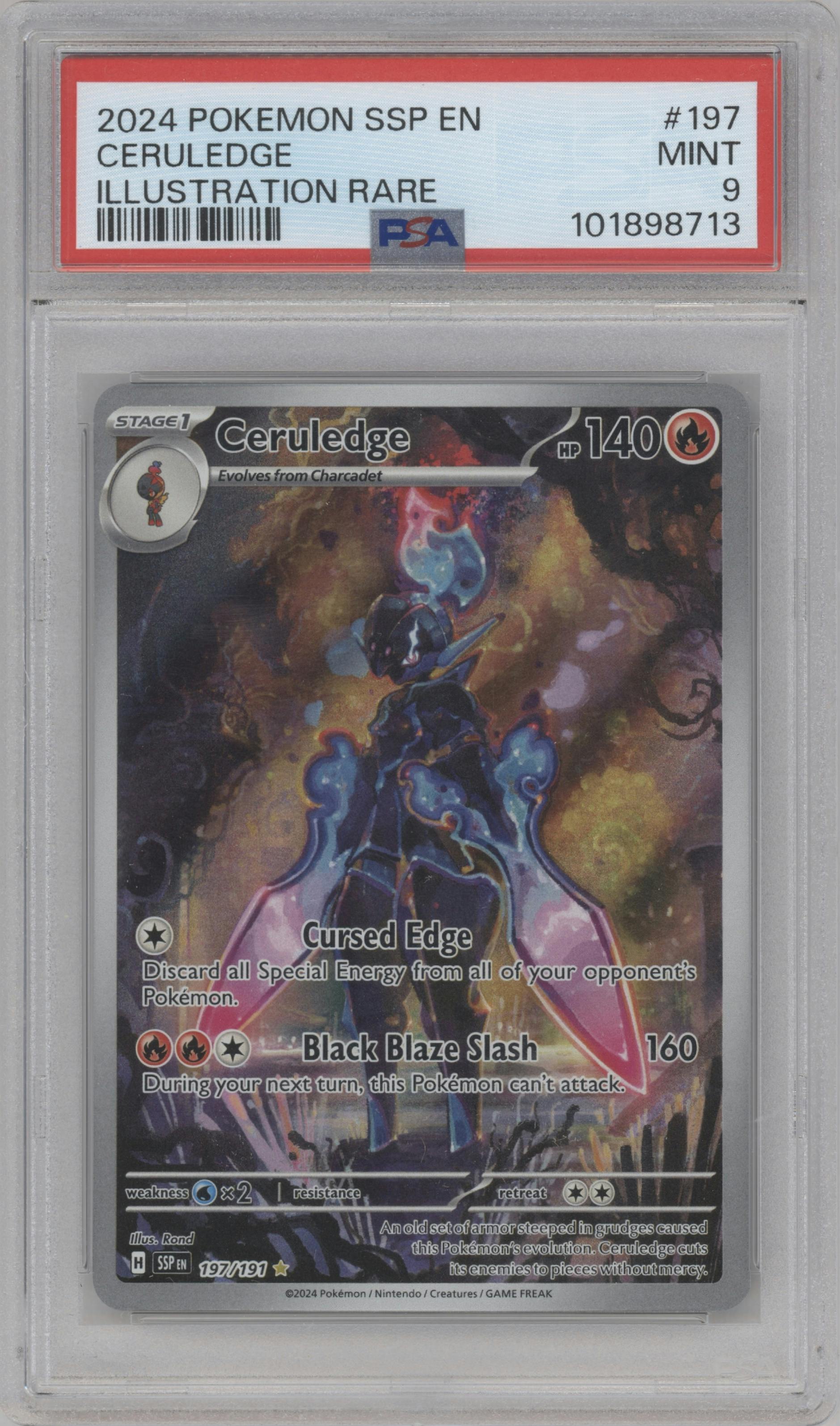 Ceruledge from the 2024 Pokemon SV set graded by PSA and given an overall grade of 9.