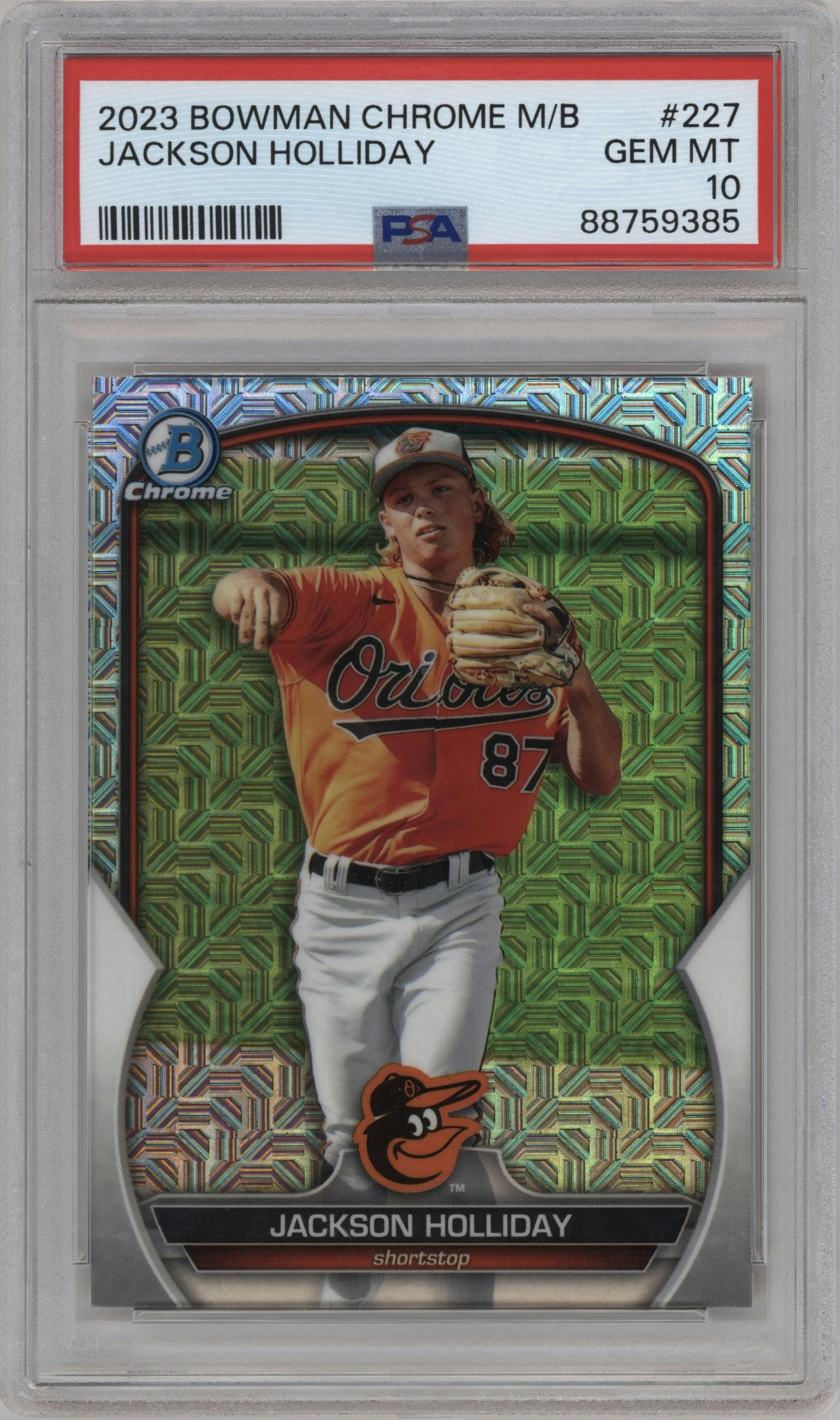 Jackson Holliday from the 2023 Bowman Chrome Mega Box set graded by PSA and given an overall grade of 10.