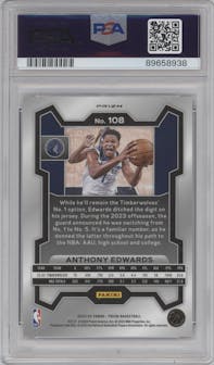Anthony Edwards from the 2023-24 Panini Prizm set featuring a Snakeskin parallel graded by PSA and given an overall grade of 10.