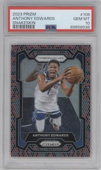Anthony Edwards from the 2023-24 Panini Prizm set featuring a Snakeskin parallel graded by PSA and given an overall grade of 10.