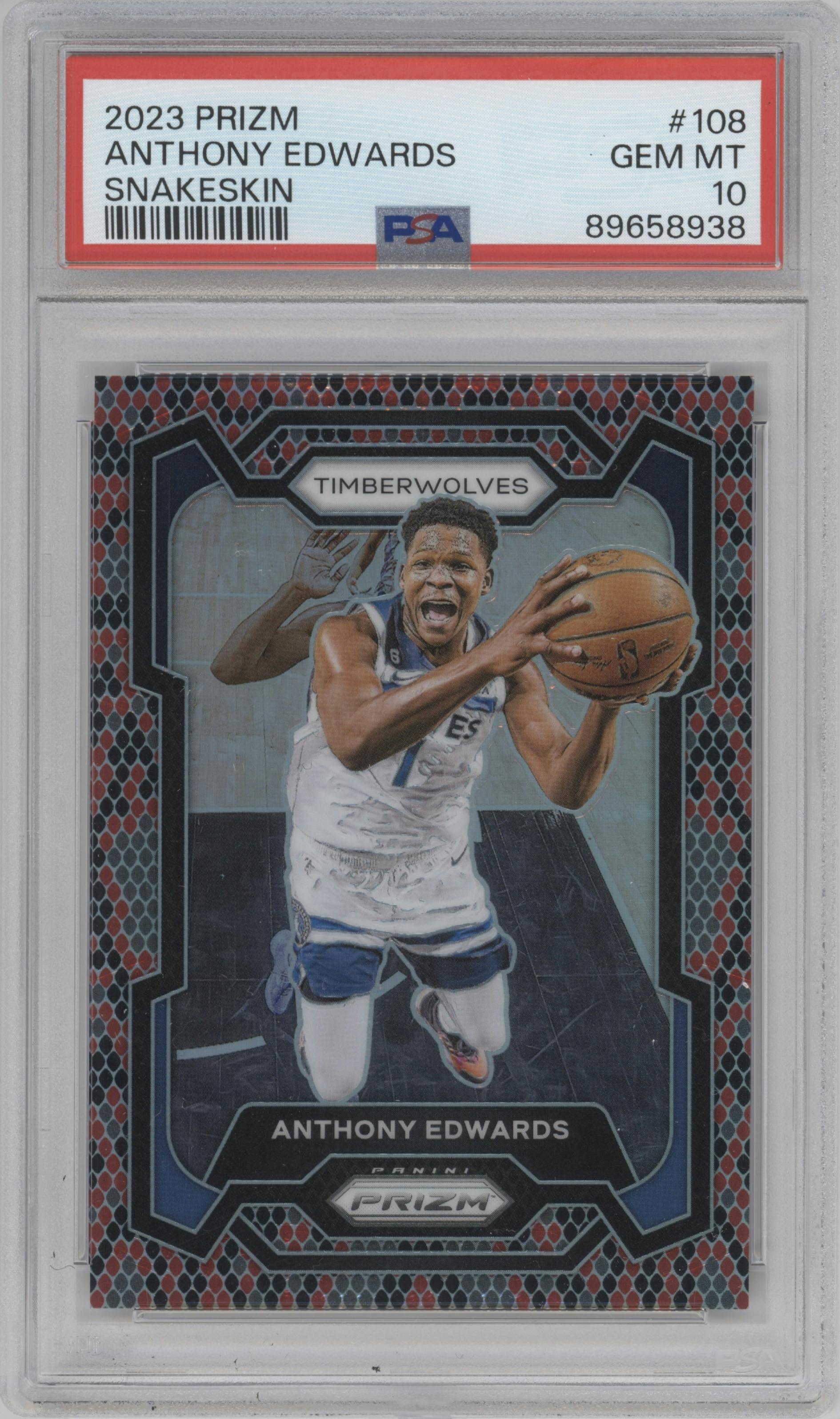 Anthony Edwards from the 2023-24 Panini Prizm set featuring a Snakeskin parallel graded by PSA and given an overall grade of 10.