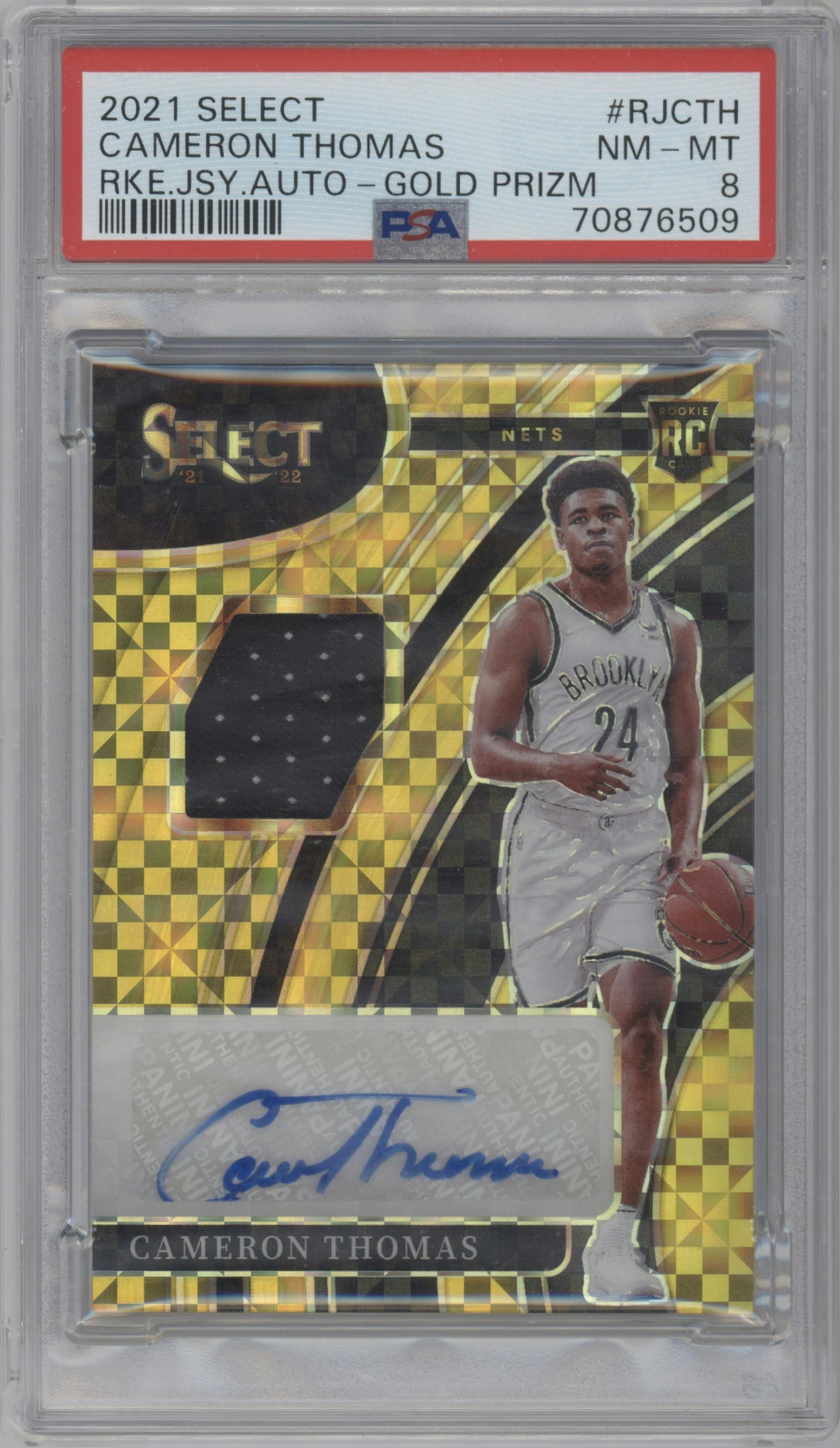 Cameron Thomas from the 2021-22 Panini Select set featuring a Gold parallel graded by PSA and given an overall grade of 8.