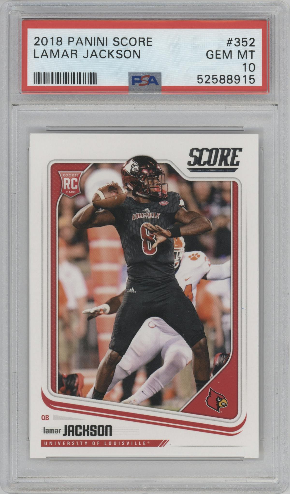 Lamar Jackson from the 2018 Panini Score set graded by PSA and given an overall grade of 10.