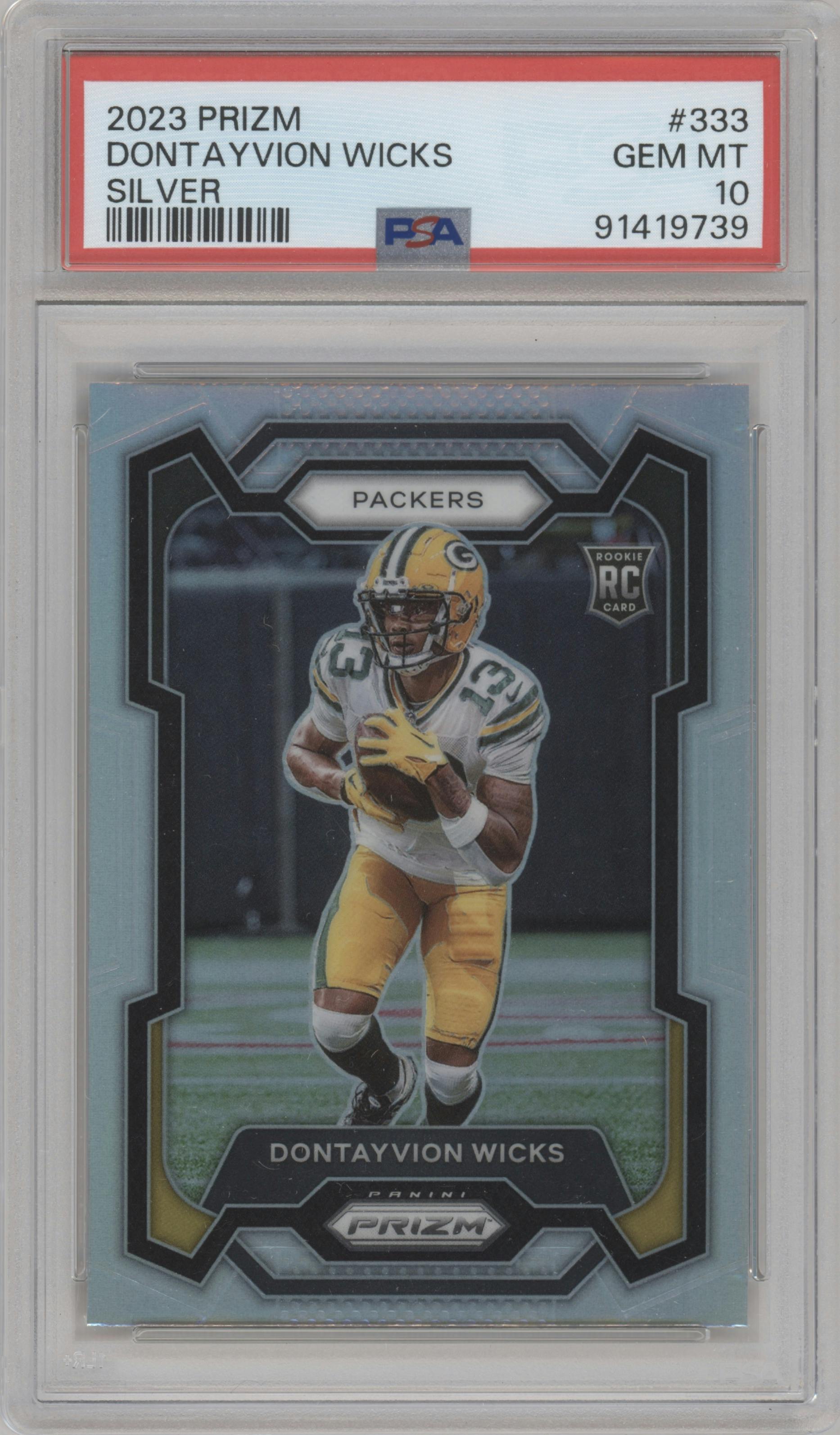 Dontayvion Wicks from the 2023 Panini Prizm set featuring a Silver Prizm parallel graded by PSA and given an overall grade of 10.