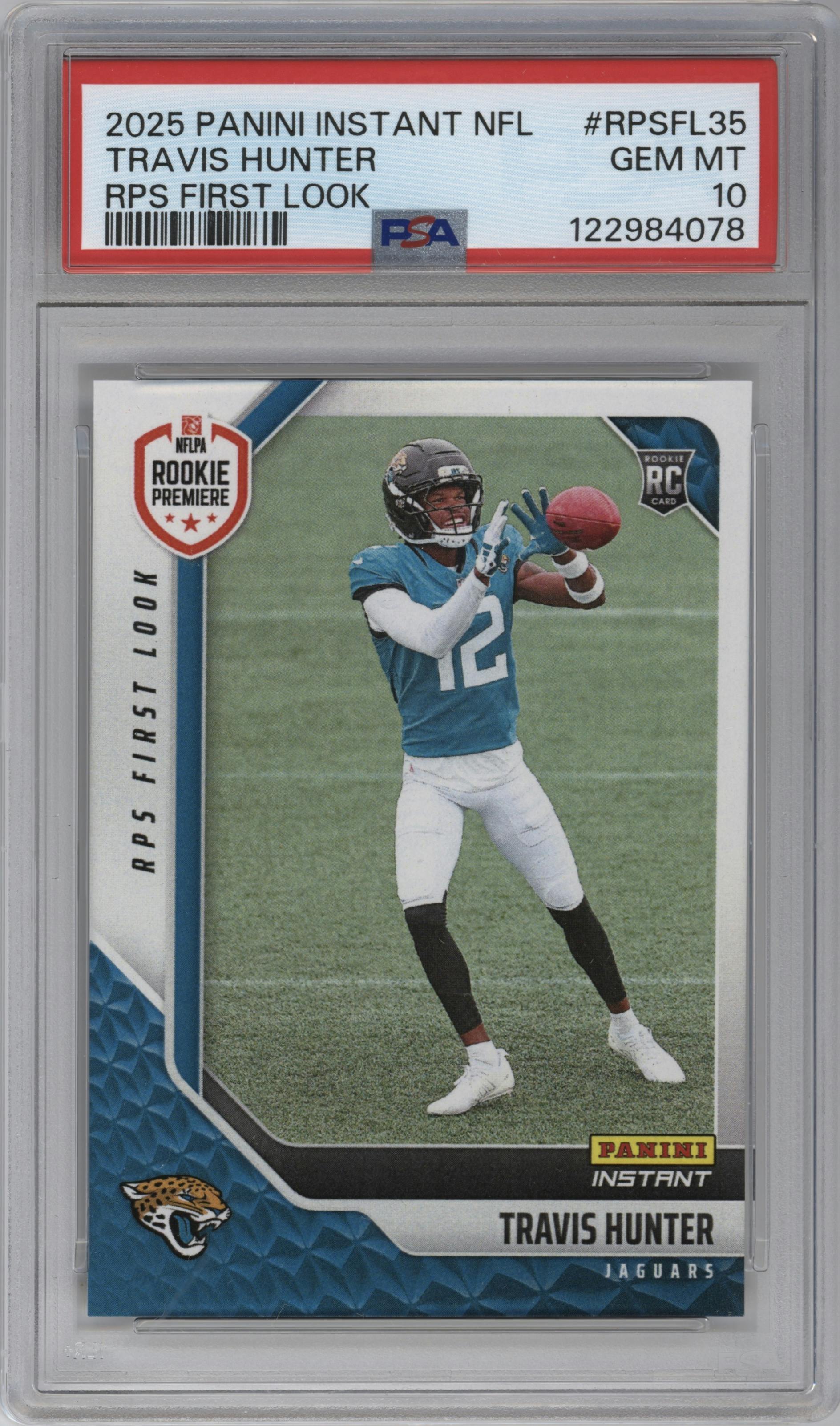 Travis Hunter from the 2025 Panini Instant NFL RPS First Look set graded by PSA and given an overall grade of 10.