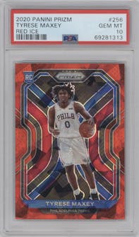 Tyrese Maxey from the 2020-21 Panini Prizm set featuring a Red Ice parallel graded by PSA and given an overall grade of 10.