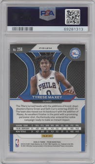 Tyrese Maxey from the 2020-21 Panini Prizm set featuring a Red Ice parallel graded by PSA and given an overall grade of 10.