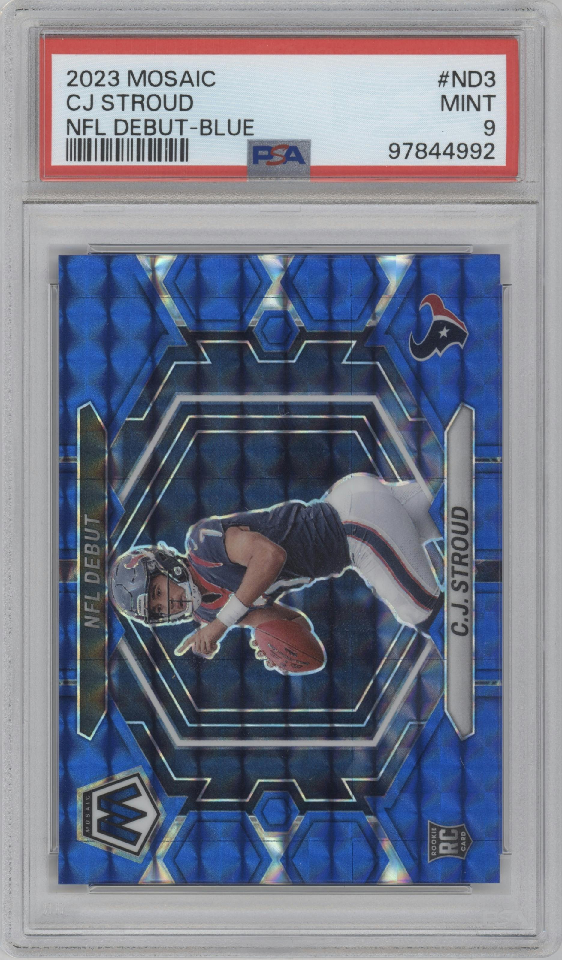 C.J. Stroud  from the 2023 Panini Mosaic set featuring a Blue Mosaic parallel graded by PSA and given an overall grade of 9.