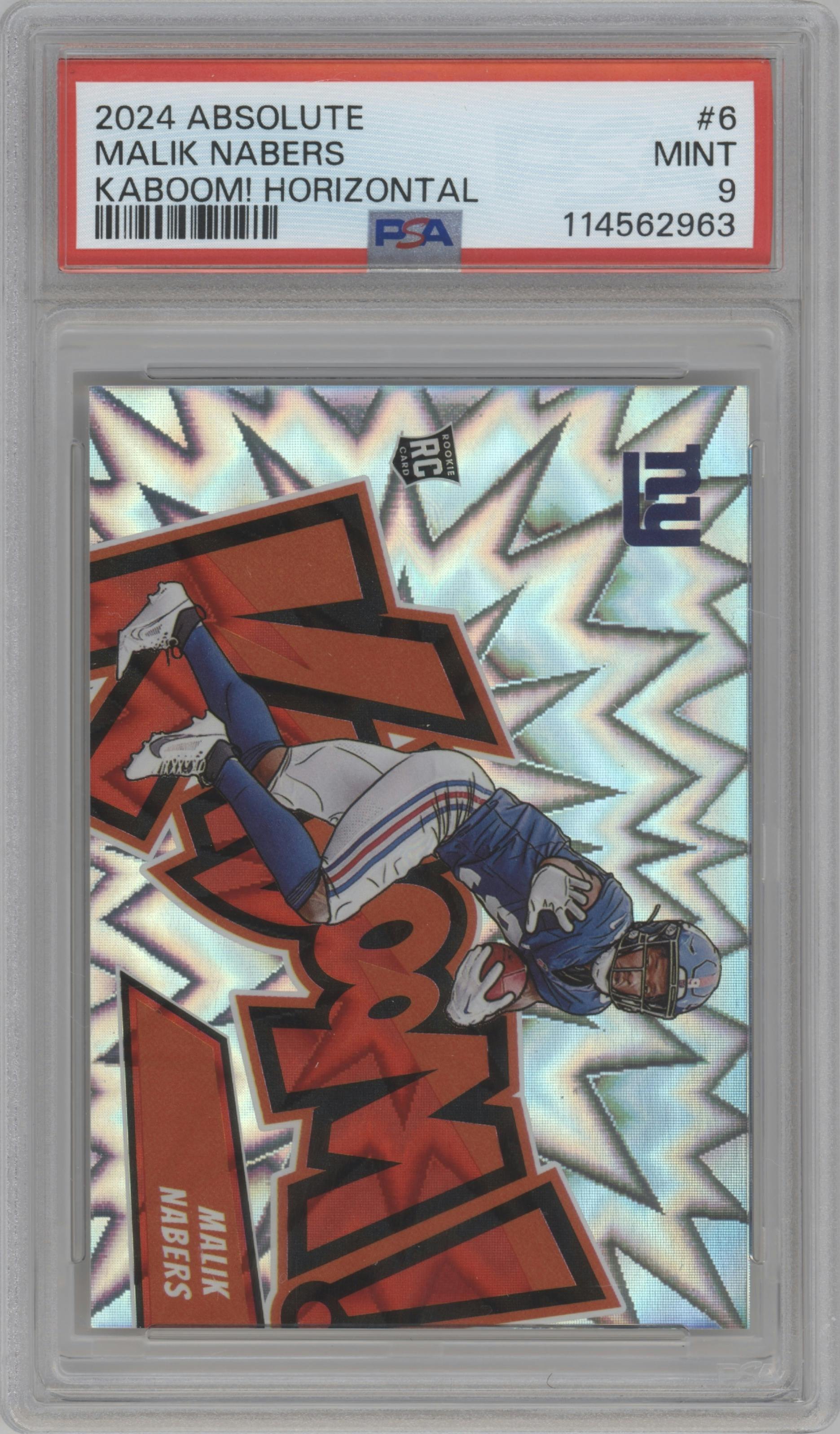 Malik Nabers from the 2024 Panini Absolute set graded by PSA and given an overall grade of 9.