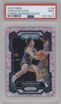 John Stockton from the 2023-24 Panini Prizm set featuring a Choice Cherry Blossom parallel graded by PSA and given an overall grade of 9.