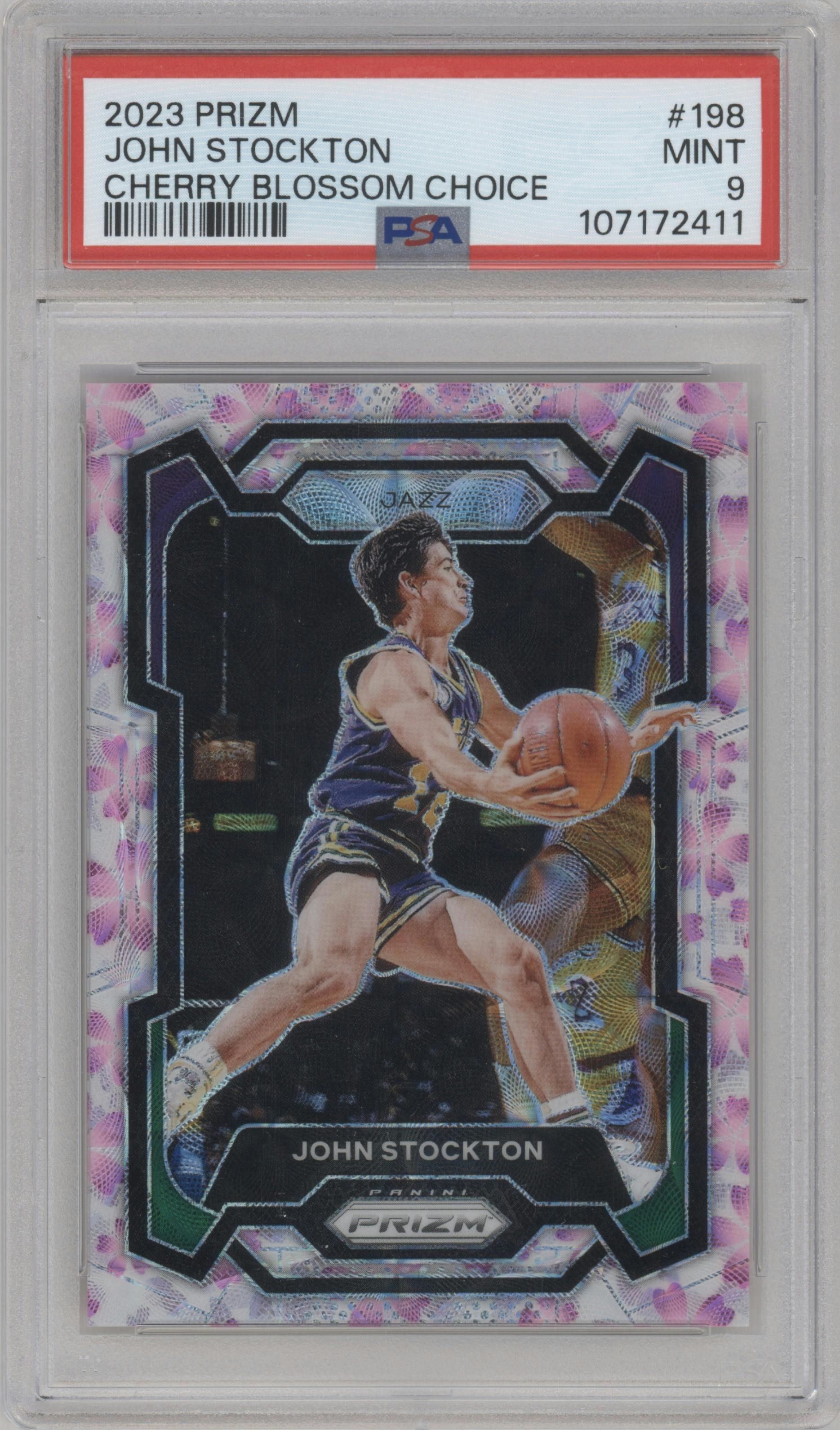 John Stockton from the 2023-24 Panini Prizm set featuring a Choice Cherry Blossom parallel graded by PSA and given an overall grade of 9.