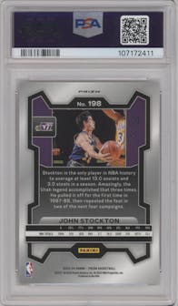 John Stockton from the 2023-24 Panini Prizm set featuring a Choice Cherry Blossom parallel graded by PSA and given an overall grade of 9.